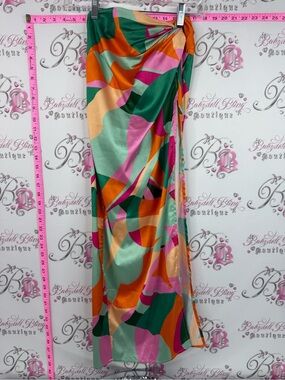 RNWY skirt side slit bright Abstract Print Maxi Skirt — Green, Pink & Orange